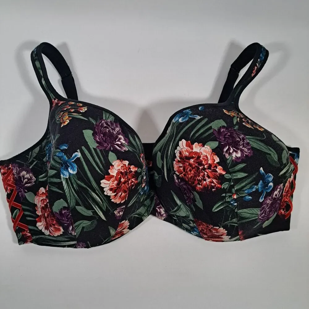 Cacique Bra Womens 44G Black Floral Lightly Lined Wireless Balconette - Picture 1 of 6
